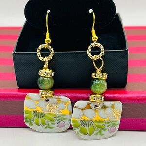 Fine Bone  China Dangle Earrings & Green Agate Stones Handcrafted 925 GP Hooks